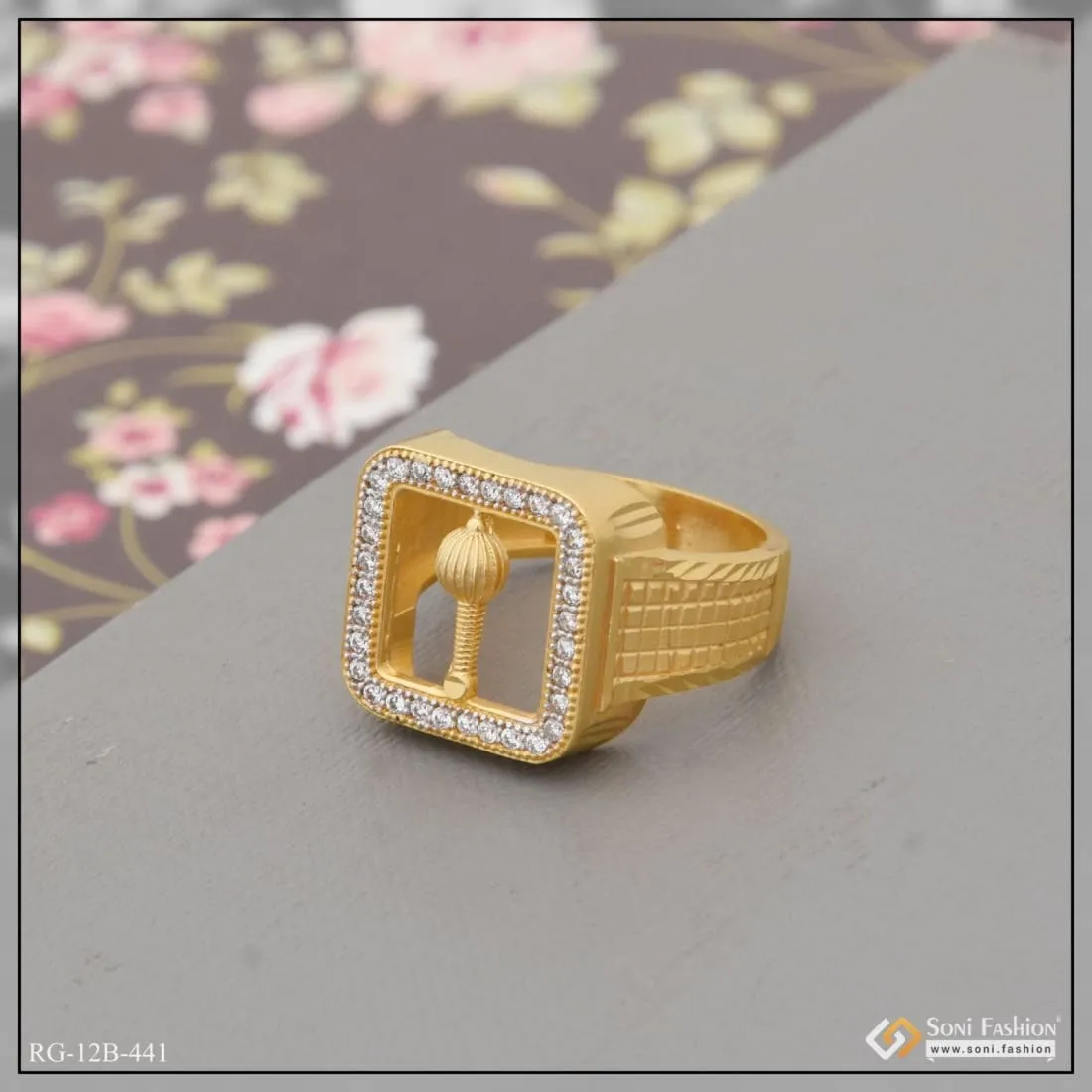 1 Gram Gold Plated Gadda With Diamond Traditional Design Ring For Men - Style B441