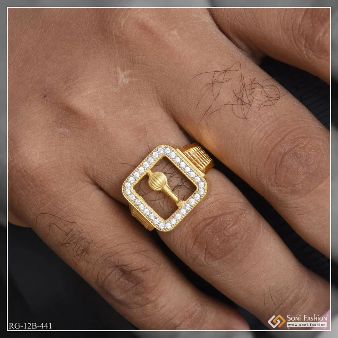 1 Gram Gold Plated Gadda With Diamond Traditional Design Ring For Men - Style B441