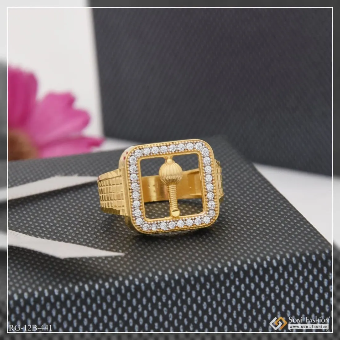 1 Gram Gold Plated Gadda With Diamond Traditional Design Ring For Men - Style B441