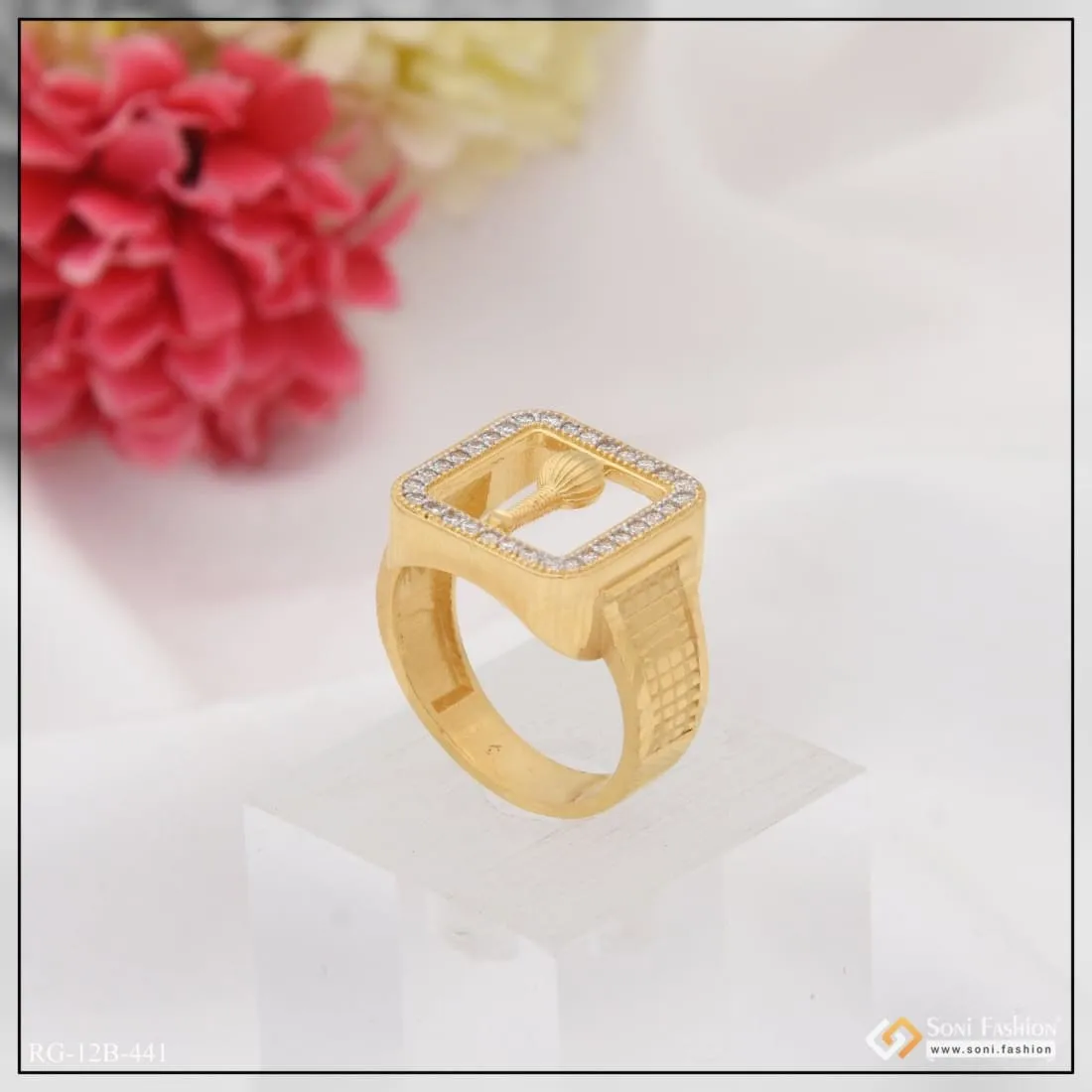 1 Gram Gold Plated Gadda With Diamond Traditional Design Ring For Men - Style B441