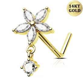 14K Solid Gold 20G Flower CZ Top L-Shape Nose Ring