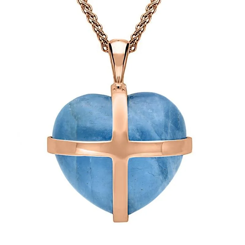 18ct Rose Gold Aquamarine Large Cross Heart Necklace