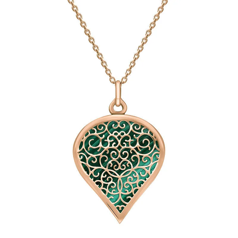 18ct Rose Gold Malachite Flore Filigree Large Heart Necklace