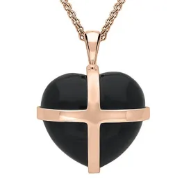 18ct Rose Gold Whitby Jet Large Cross Heart Necklace