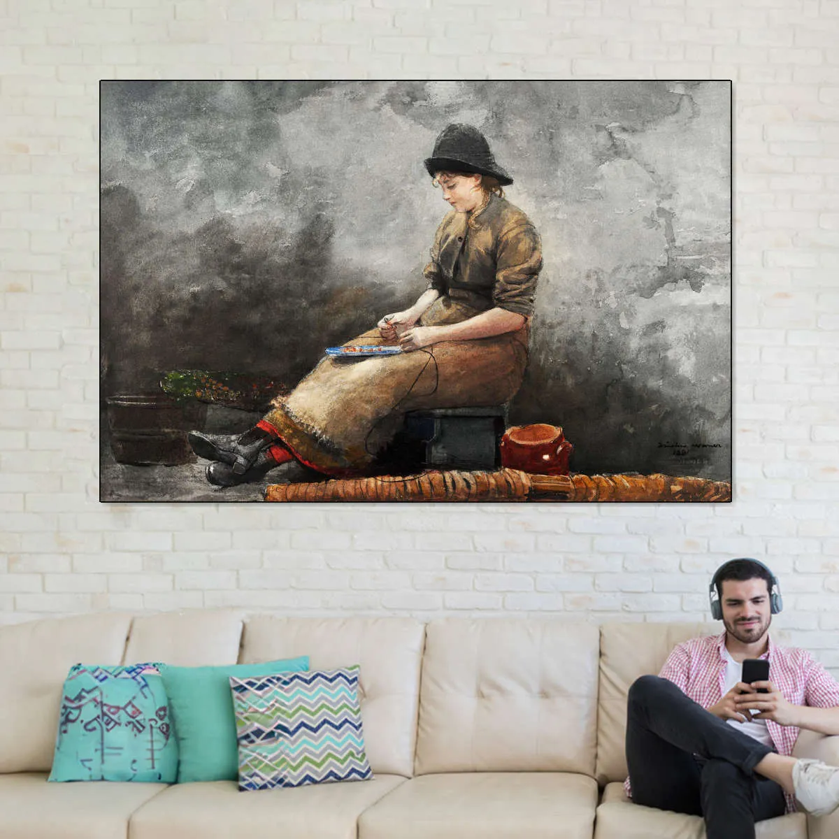 A Fishergirl Baiting Lines Wall Art