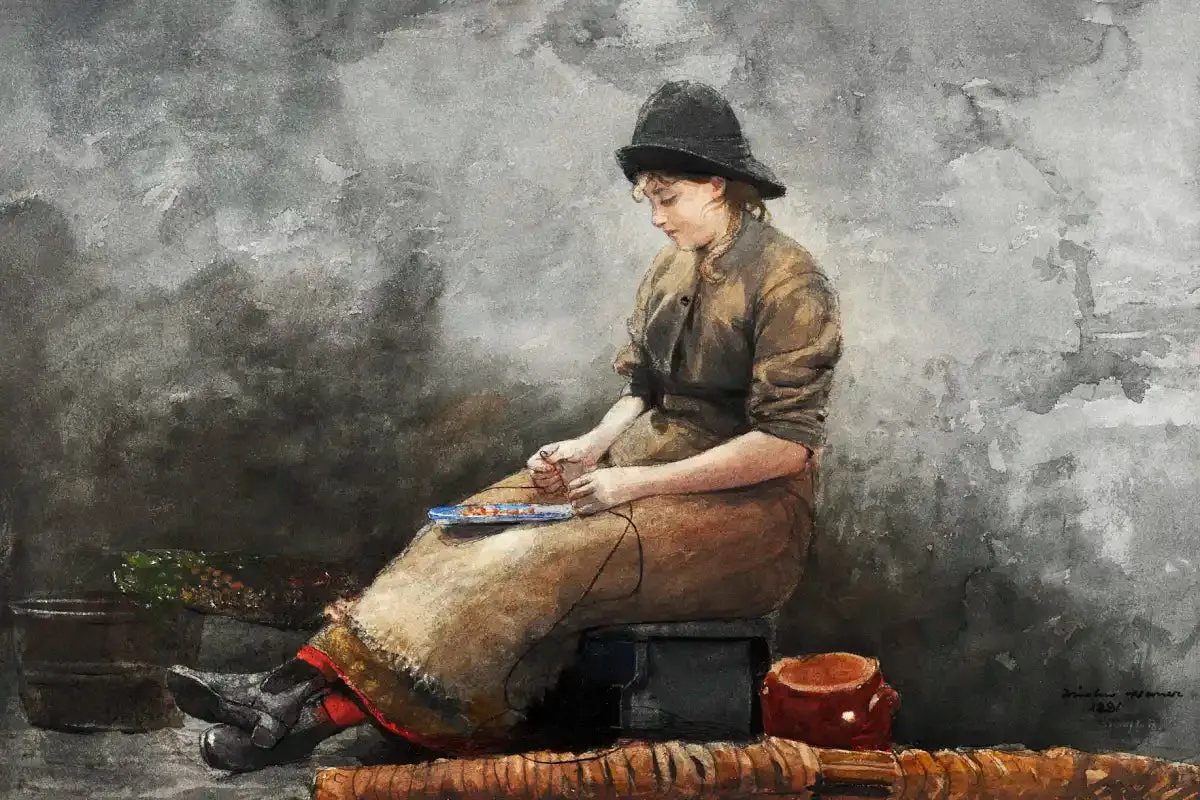 A Fishergirl Baiting Lines Wall Art