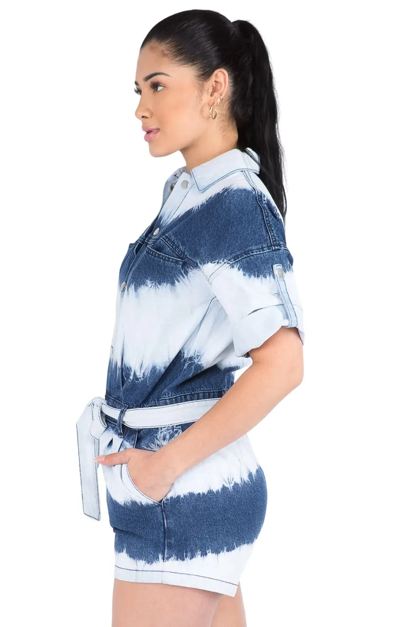 American Bazi Women's Tie-Dye Denim Romper