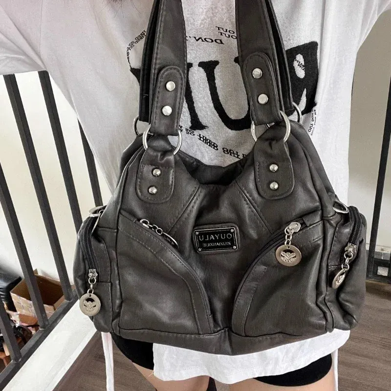 Amozae-Fall Outfits Streetwear y2k 90s Fashion Gothic  Y2k Vintage Shoulder Bag for Women Large Capacity Gothic Soft Pu Leather Motorcycle Handbag Casual Gray Mens Armpit Bag