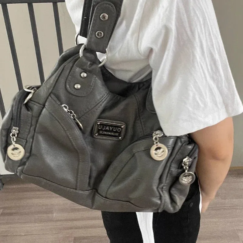 Amozae-Fall Outfits Streetwear y2k 90s Fashion Gothic  Y2k Vintage Shoulder Bag for Women Large Capacity Gothic Soft Pu Leather Motorcycle Handbag Casual Gray Mens Armpit Bag