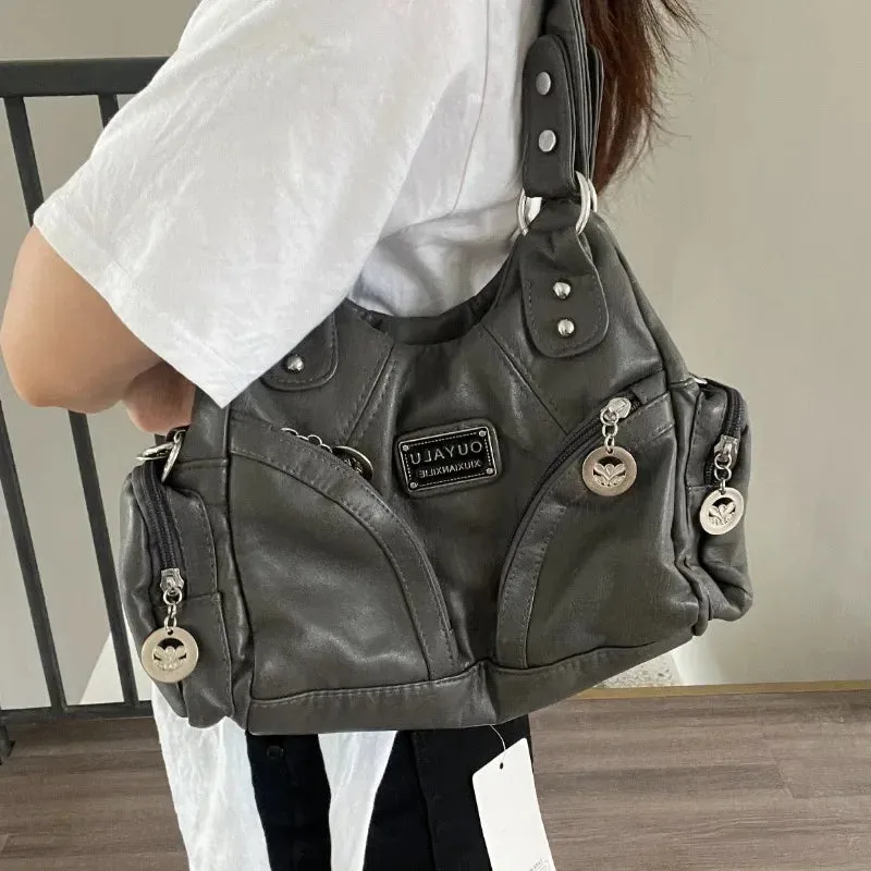 Amozae-Fall Outfits Streetwear y2k 90s Fashion Gothic  Y2k Vintage Shoulder Bag for Women Large Capacity Gothic Soft Pu Leather Motorcycle Handbag Casual Gray Mens Armpit Bag