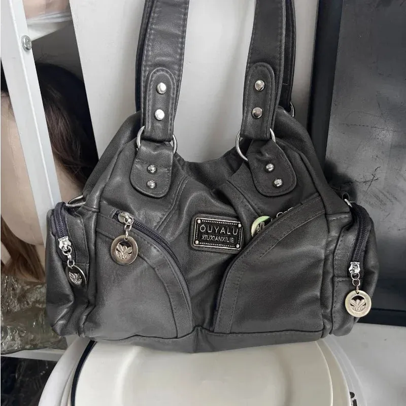 Amozae-Fall Outfits Streetwear y2k 90s Fashion Gothic  Y2k Vintage Shoulder Bag for Women Large Capacity Gothic Soft Pu Leather Motorcycle Handbag Casual Gray Mens Armpit Bag