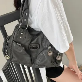 Amozae-Fall Outfits Streetwear y2k 90s Fashion Gothic  Y2k Vintage Shoulder Bag for Women Large Capacity Gothic Soft Pu Leather Motorcycle Handbag Casual Gray Mens Armpit Bag