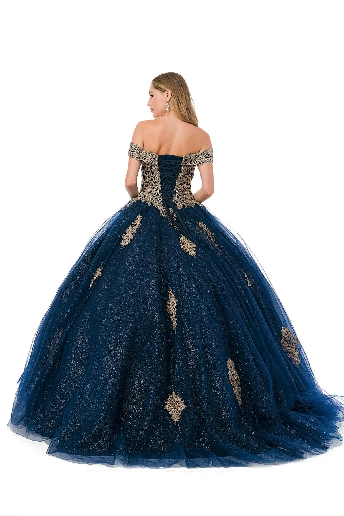 Applique Off Shoulder Glitter Ball Gown by Coya L2779C