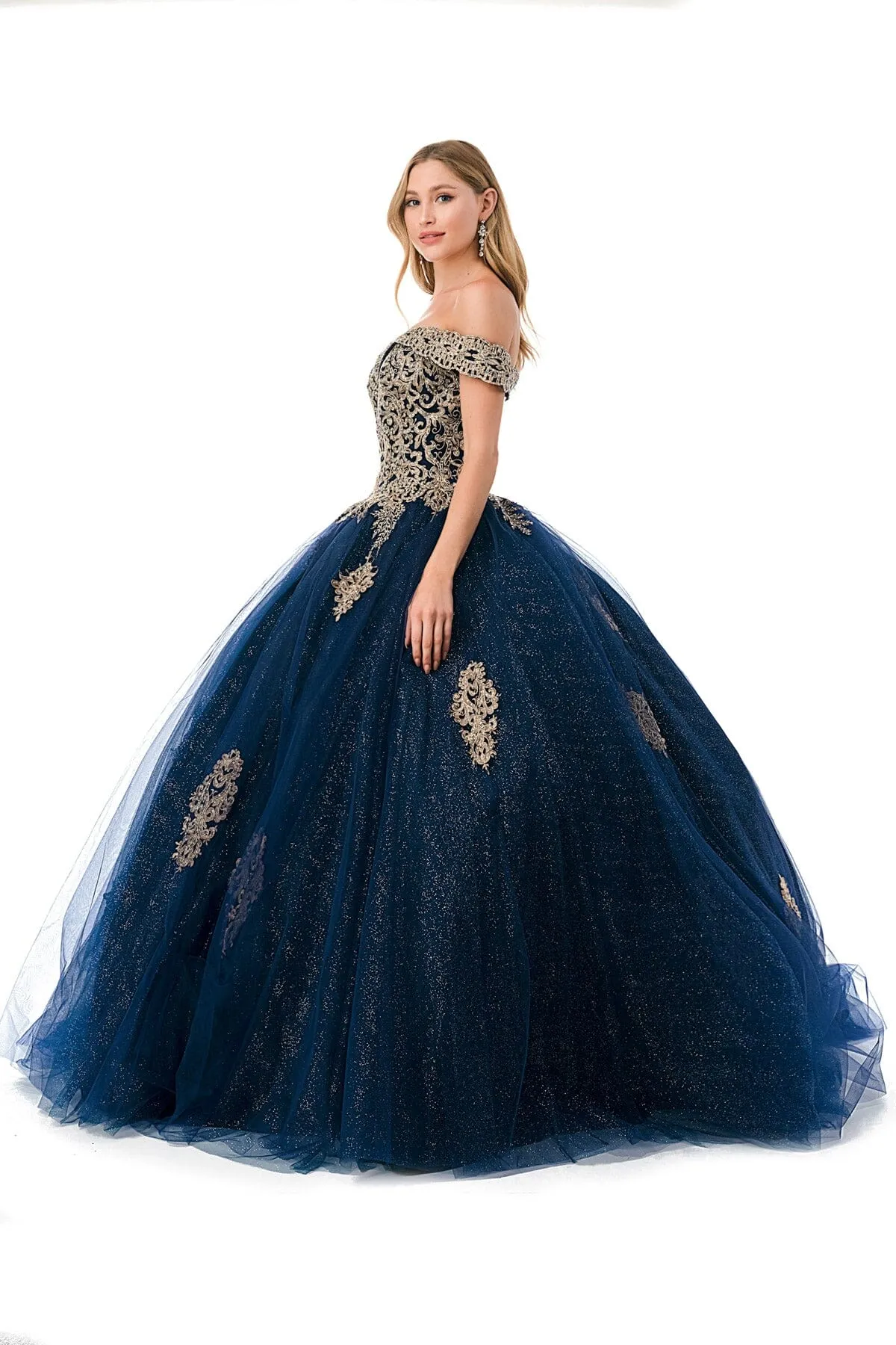 Applique Off Shoulder Glitter Ball Gown by Coya L2779C