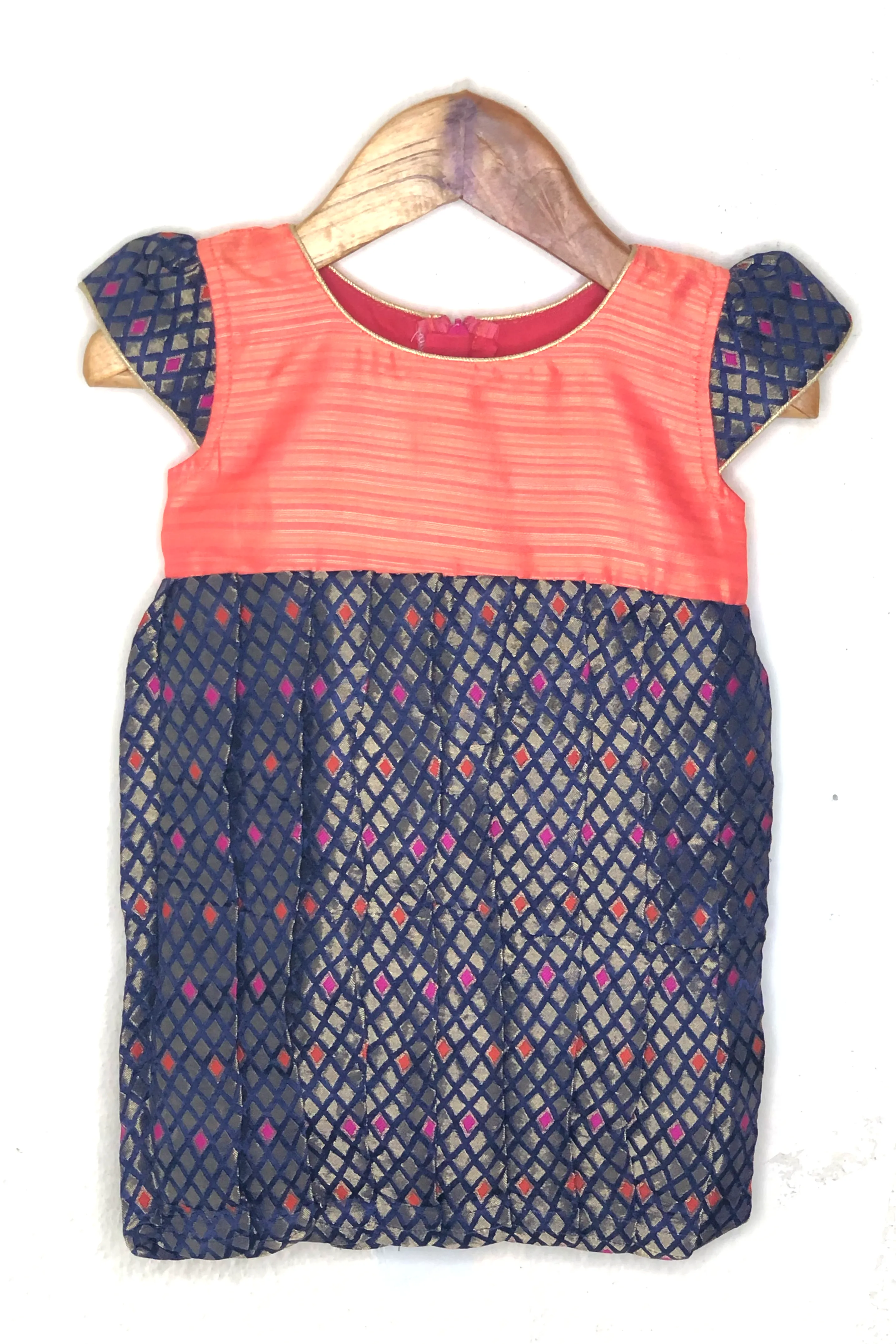 Ash Grey Jacquard Silk Frock With Simple Peach Yoke For Baby Girls