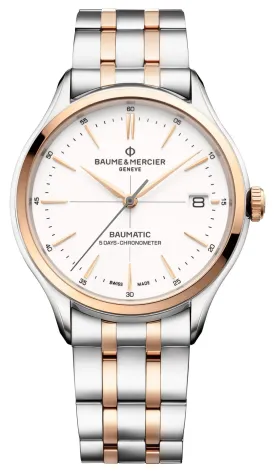 Baume & Mercier Clifton Baumatic COSC Automatic 18K Rose Gold & Steel White Dial Date Mens Watch M0A10458