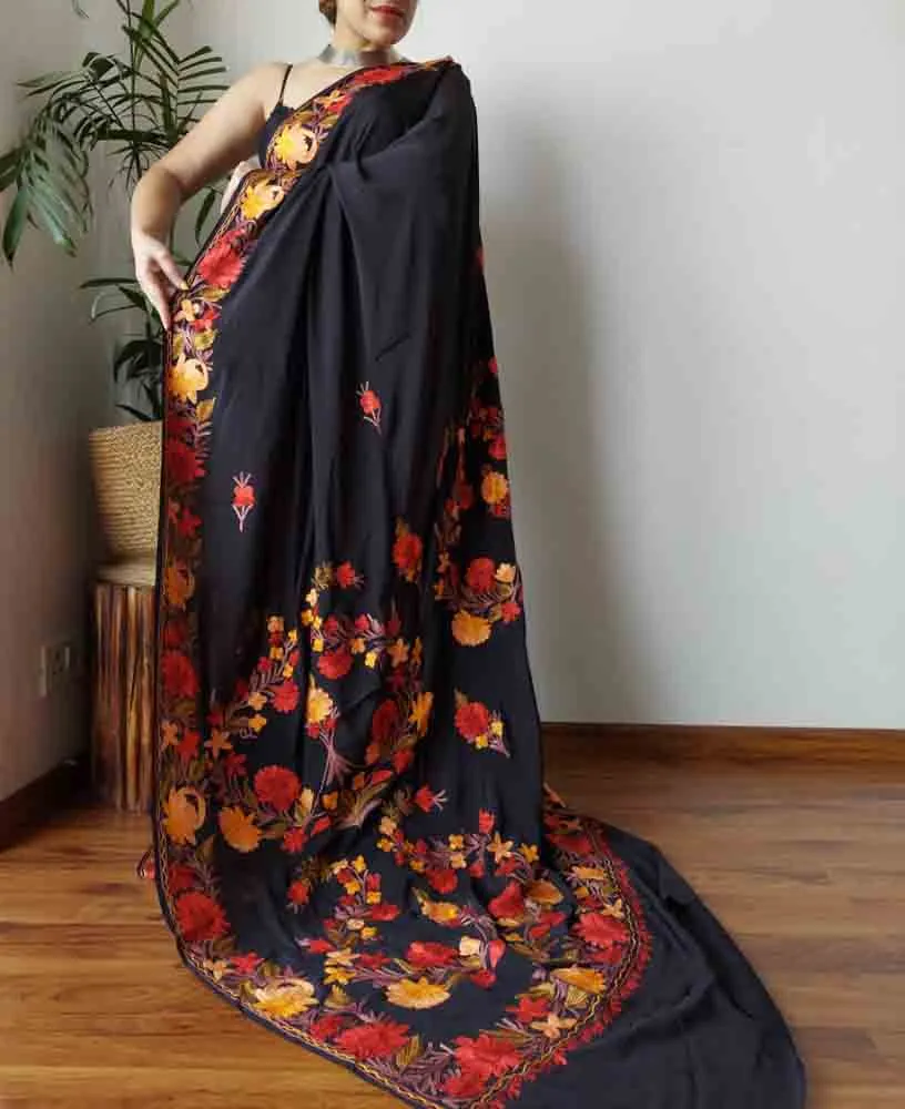 Black Embroidered Kashmiri Aari Work Crepe Floral Design Saree