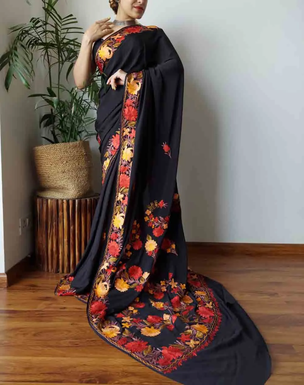 Black Embroidered Kashmiri Aari Work Crepe Floral Design Saree