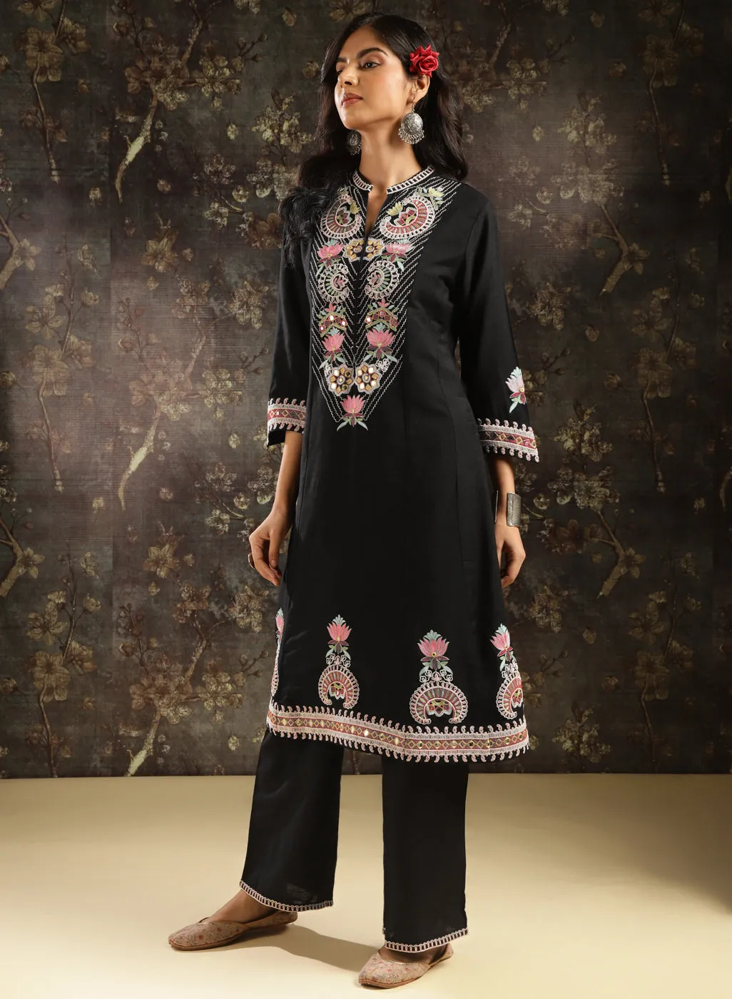 Black Embroidered Kurta Set with Mirror Work