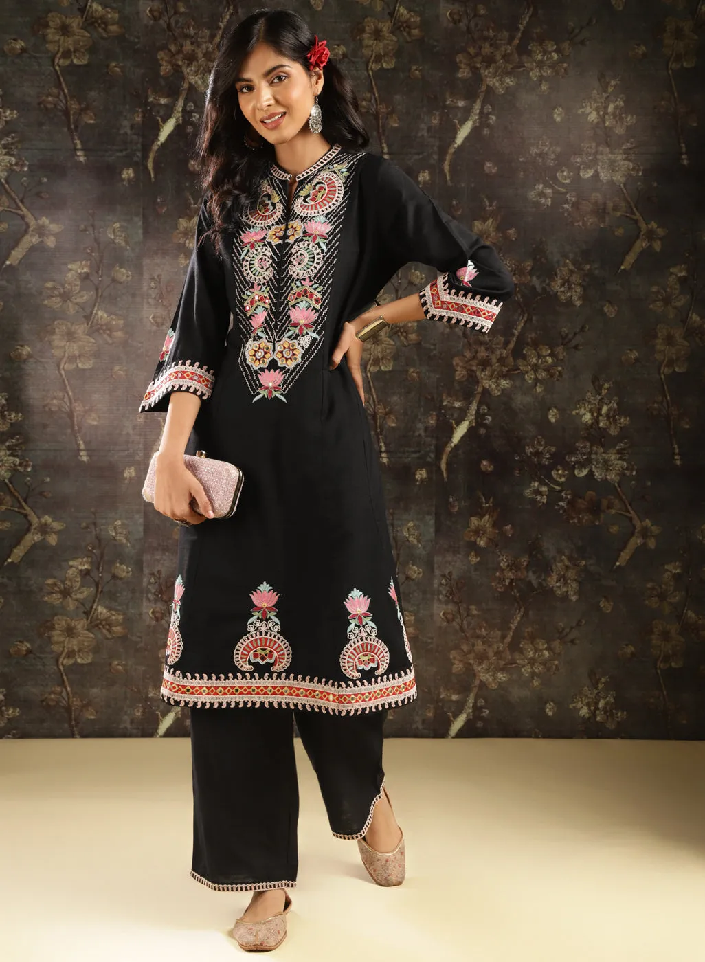 Black Embroidered Kurta Set with Mirror Work