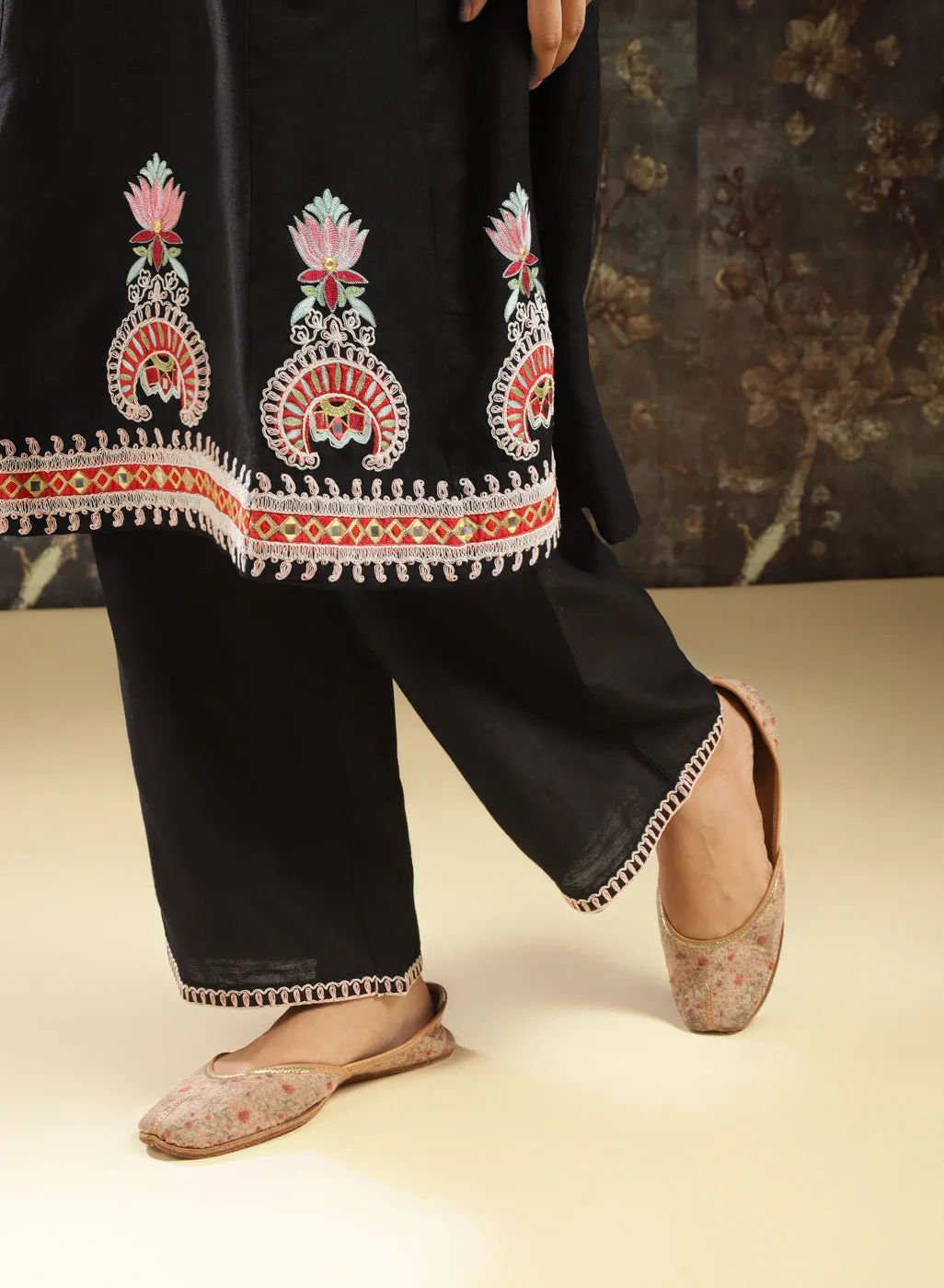 Black Embroidered Kurta Set with Mirror Work