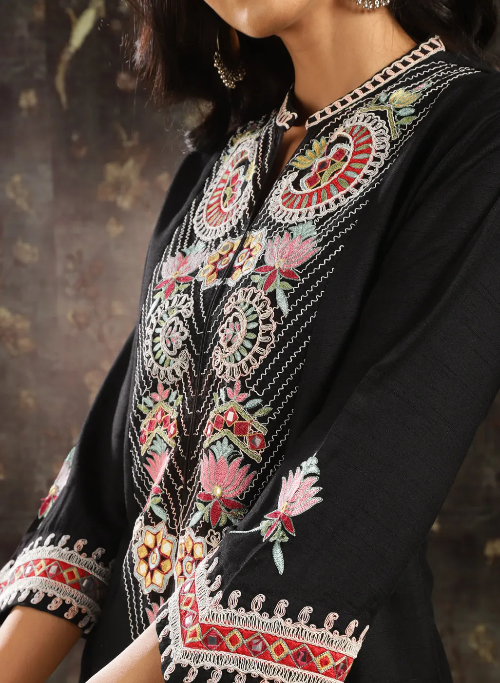 Black Embroidered Kurta Set with Mirror Work