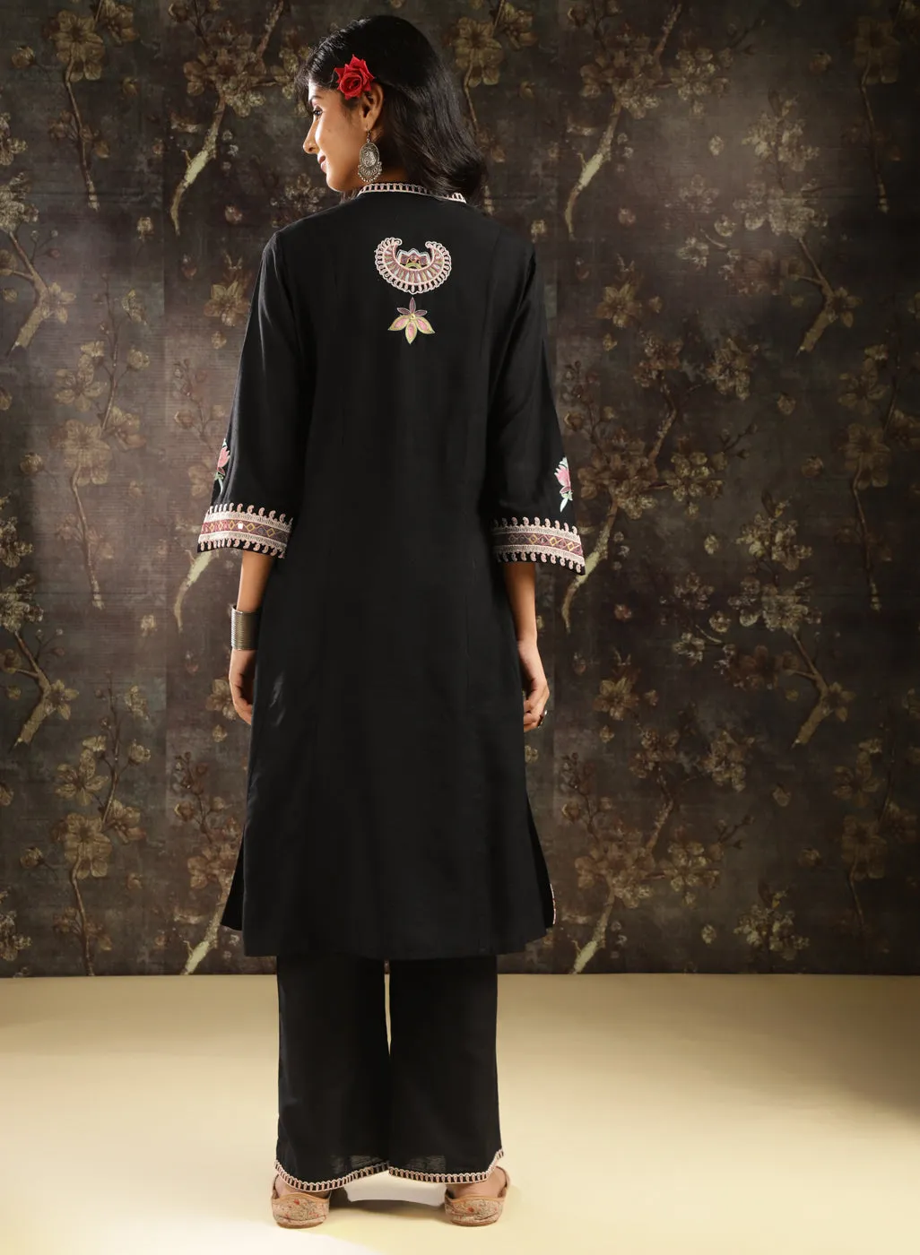 Black Embroidered Kurta Set with Mirror Work