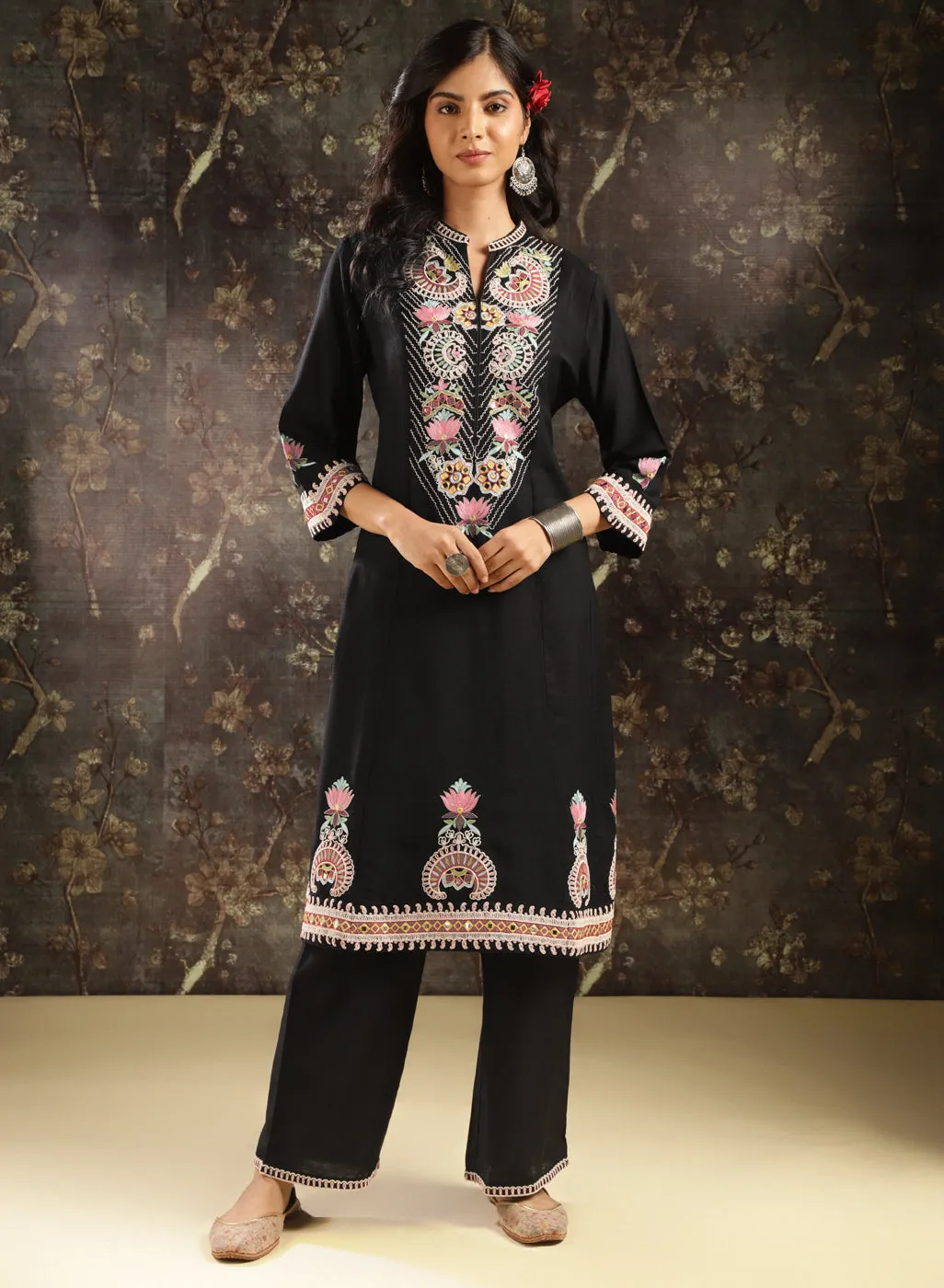 Black Embroidered Kurta Set with Mirror Work