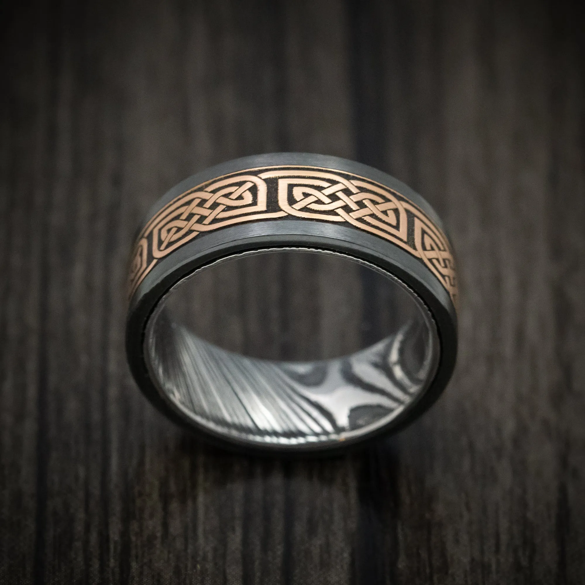 Black Titanium and Kuro Damascus Steel 14K Gold Celtic Knot Pattern Inlay Men's Ring