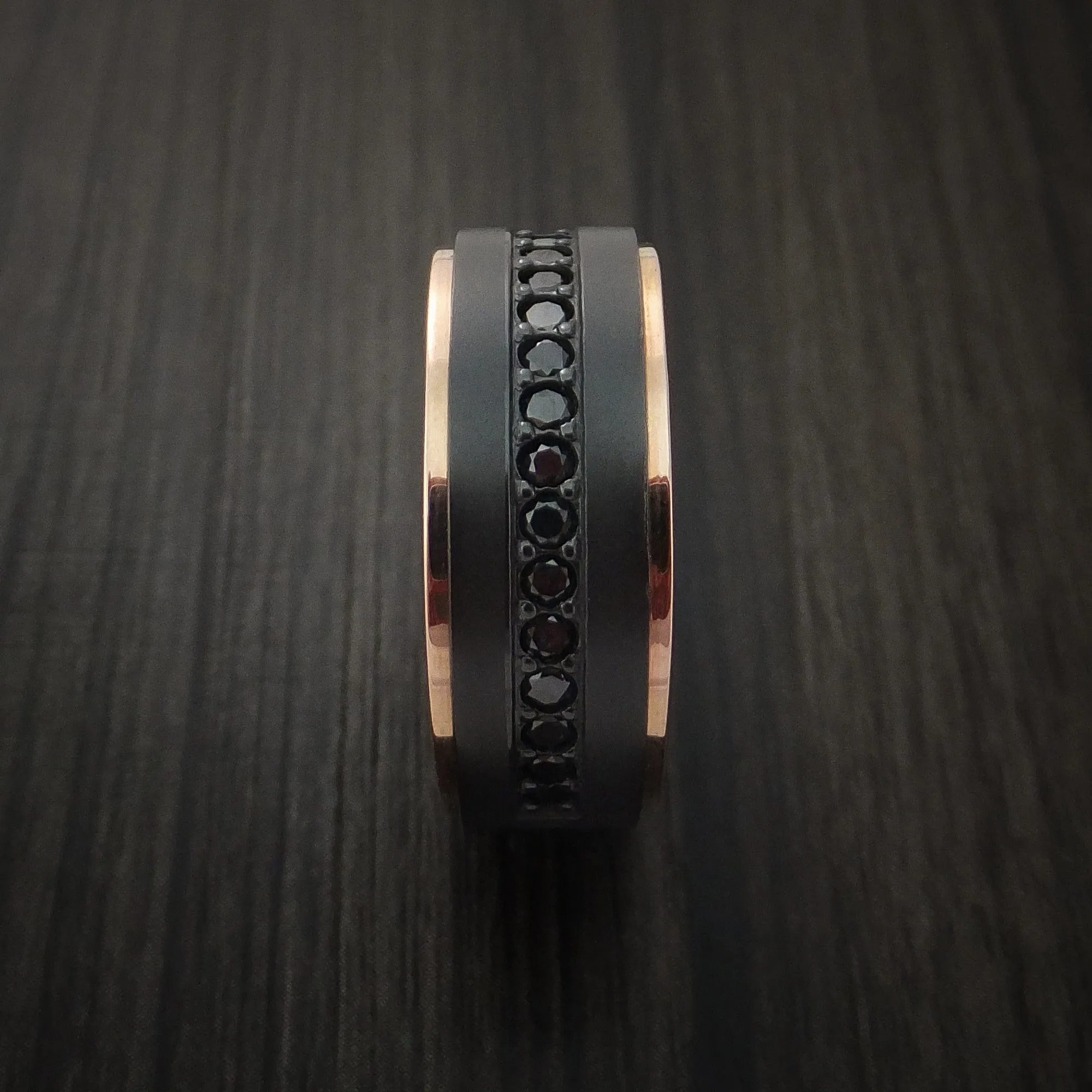 Black Zirconium and 14K Rose Gold Band with Black Diamonds Custom Made Men's Ring