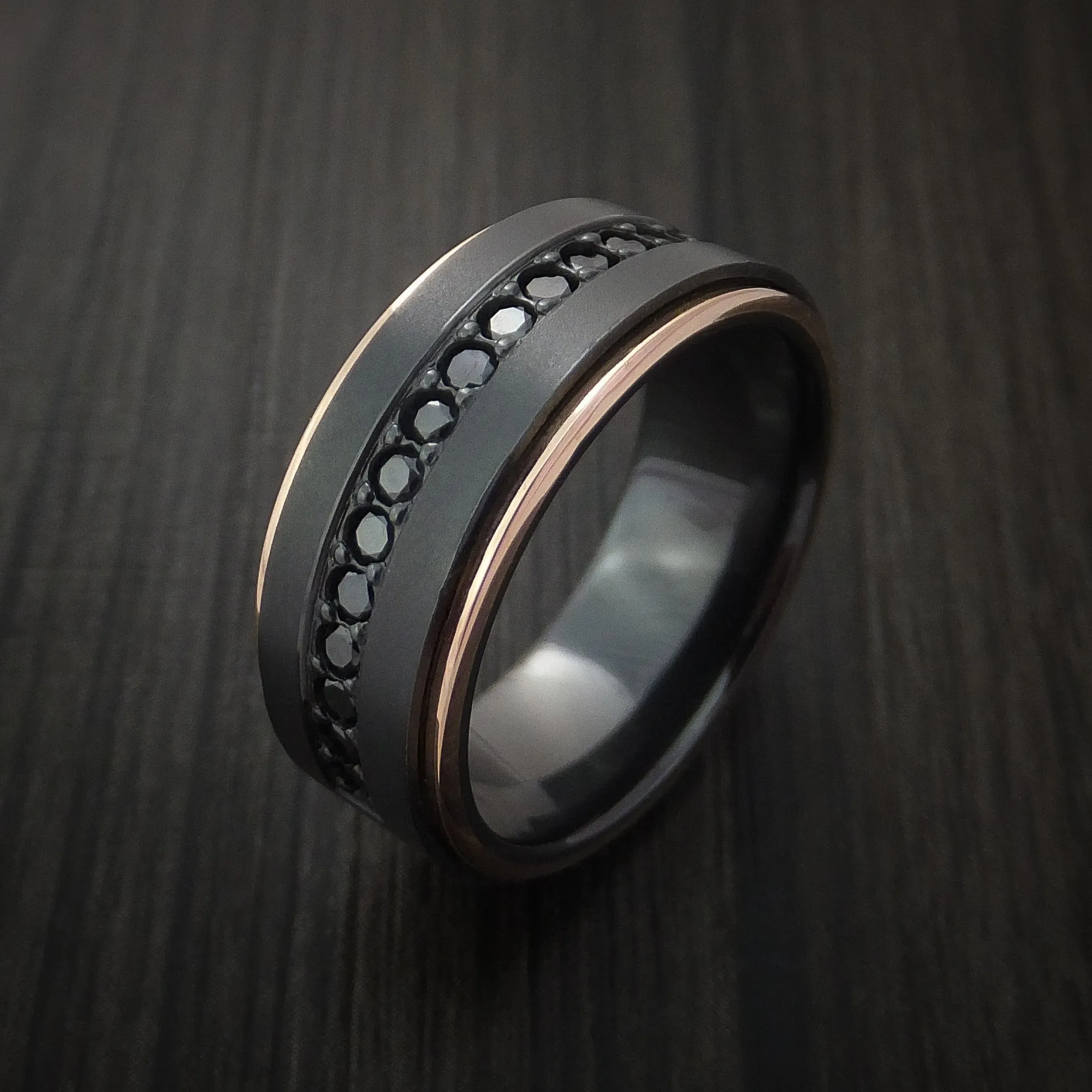 Black Zirconium and 14K Rose Gold Band with Black Diamonds Custom Made Men's Ring