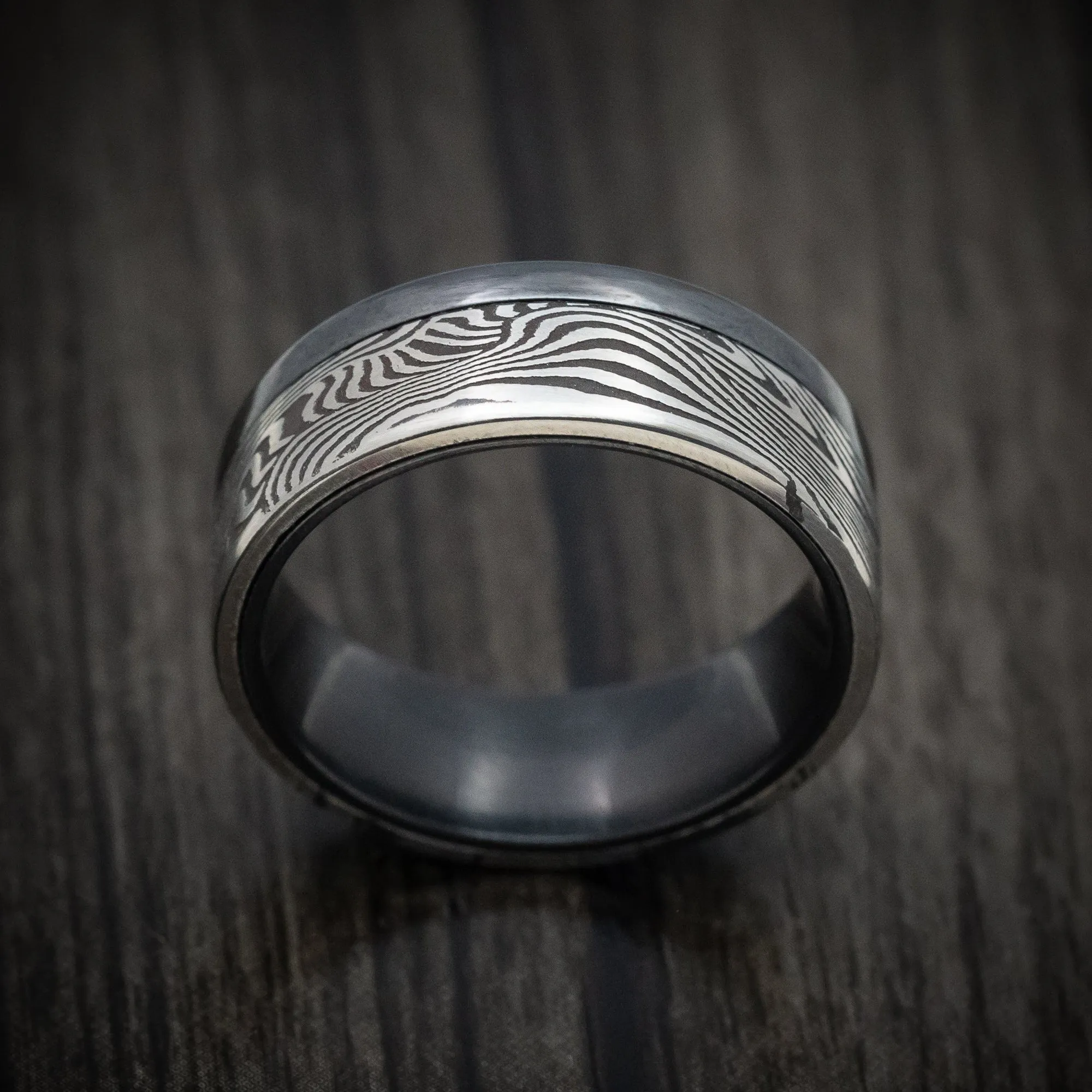 Black Zirconium and Sunset Kuro Damascus Steel Men's Ring Custom Made Band