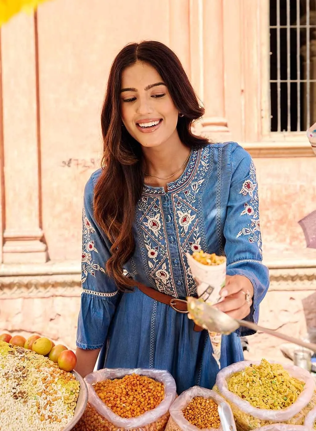 Blue Embroidered Dress with Bell Sleeve & 3/4th Sleeves