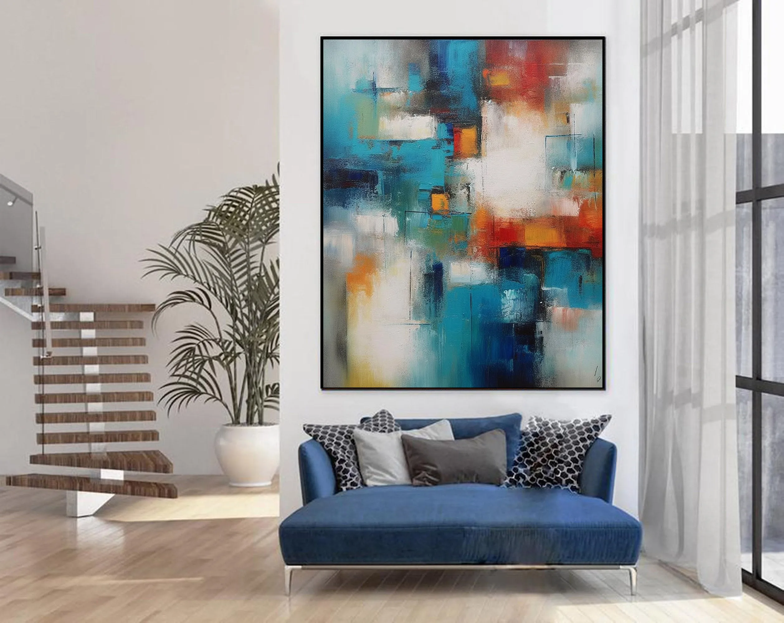 Blue White Red Textured Canvas Painting Extra Large Wall Art For Living Room Office Bedroom BP009