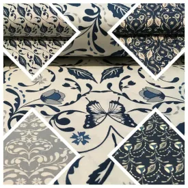 Blue William Morris inspired Butterfly and leaves 100% cotton fabric 45" M669