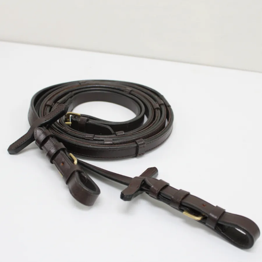 Brown Leather Rubber Lined Flat Reins With Stops and Brass Hardware