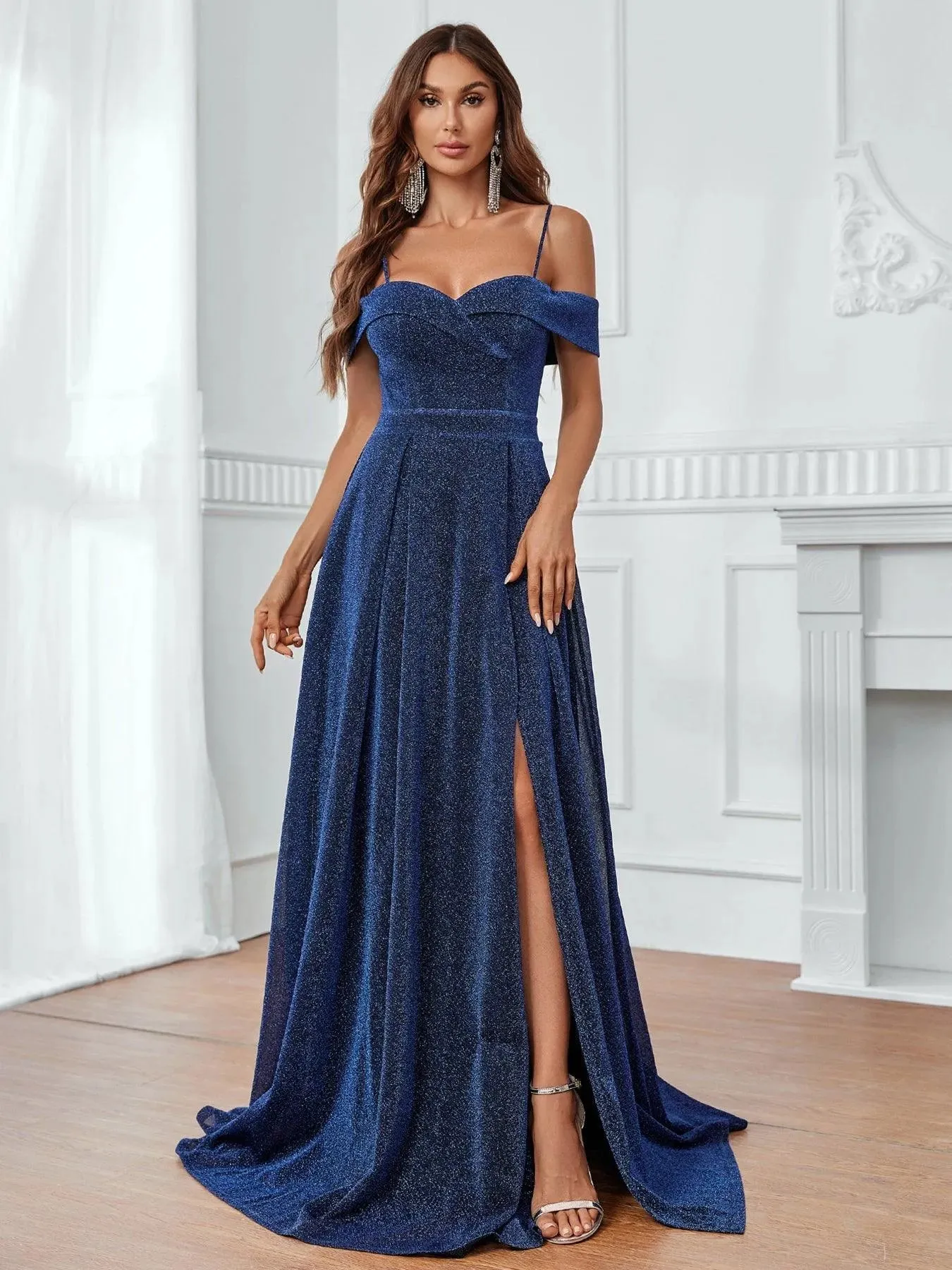 Elegant Cold Shoulder Split Thigh Glitter Formal Dress