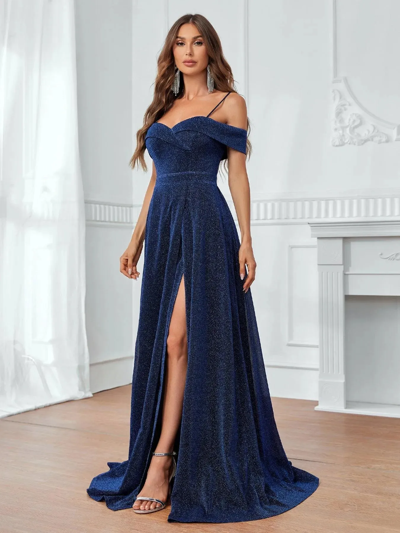 Elegant Cold Shoulder Split Thigh Glitter Formal Dress