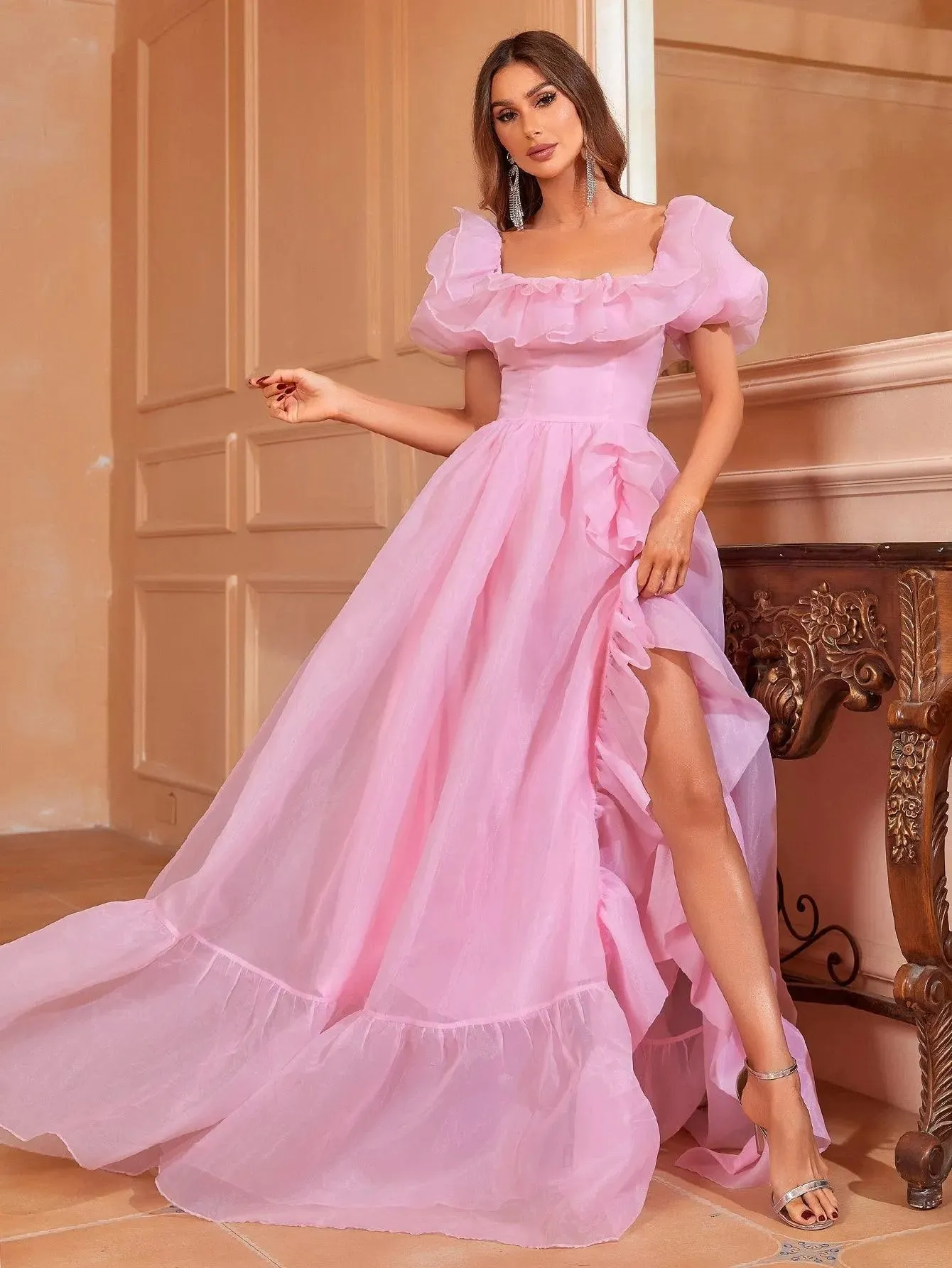 Elegant Ruffle Trim Puff Sleeves Organza Dress