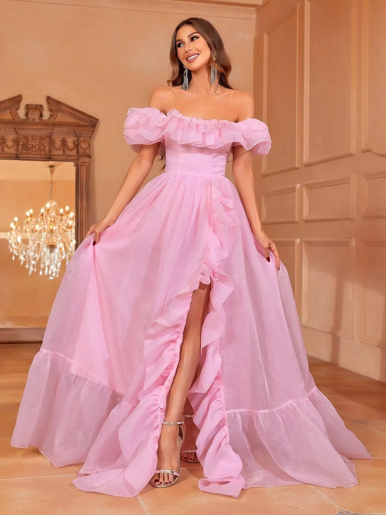 Elegant Ruffle Trim Puff Sleeves Organza Dress