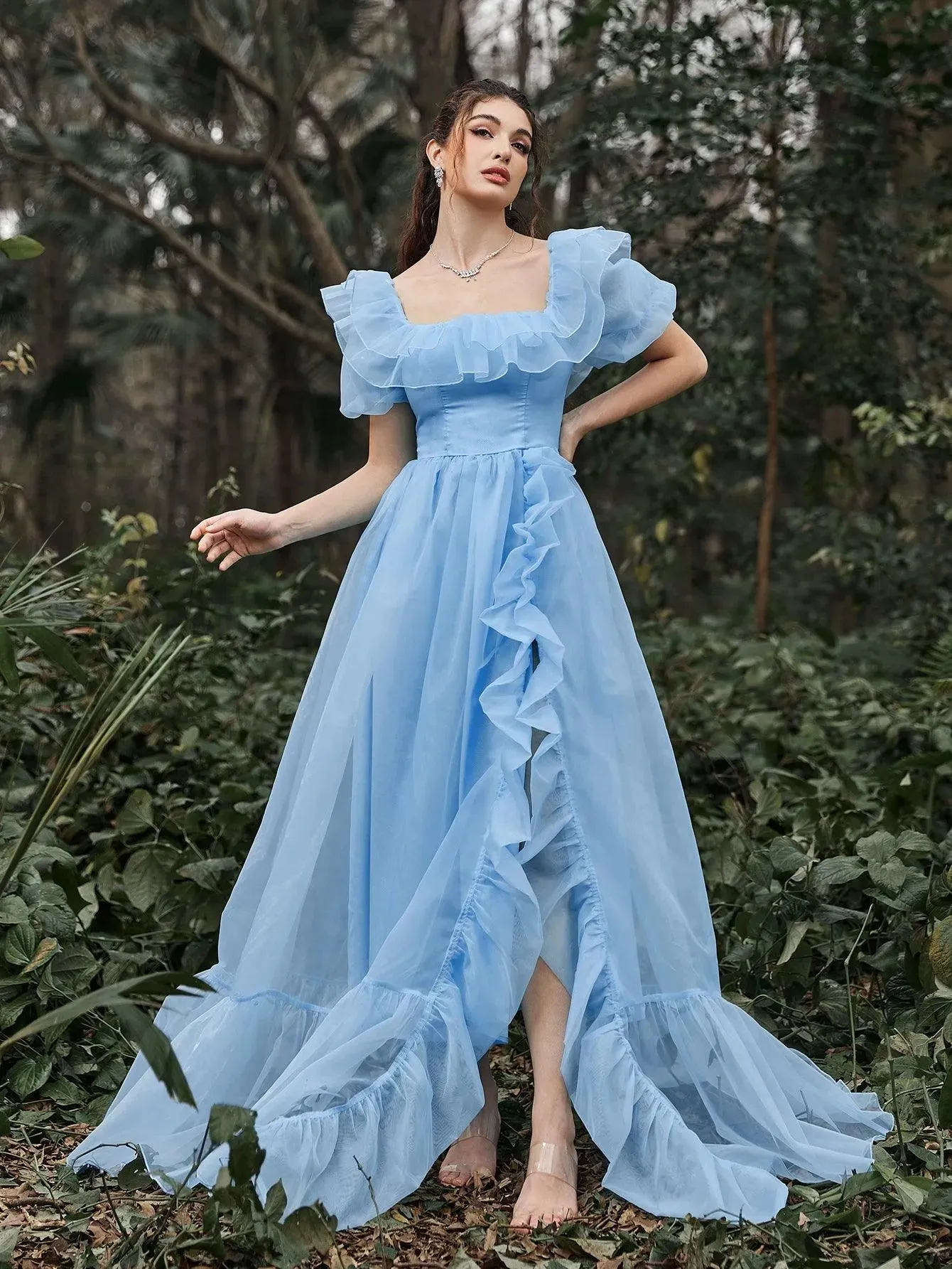 Elegant Ruffle Trim Puff Sleeves Organza Dress