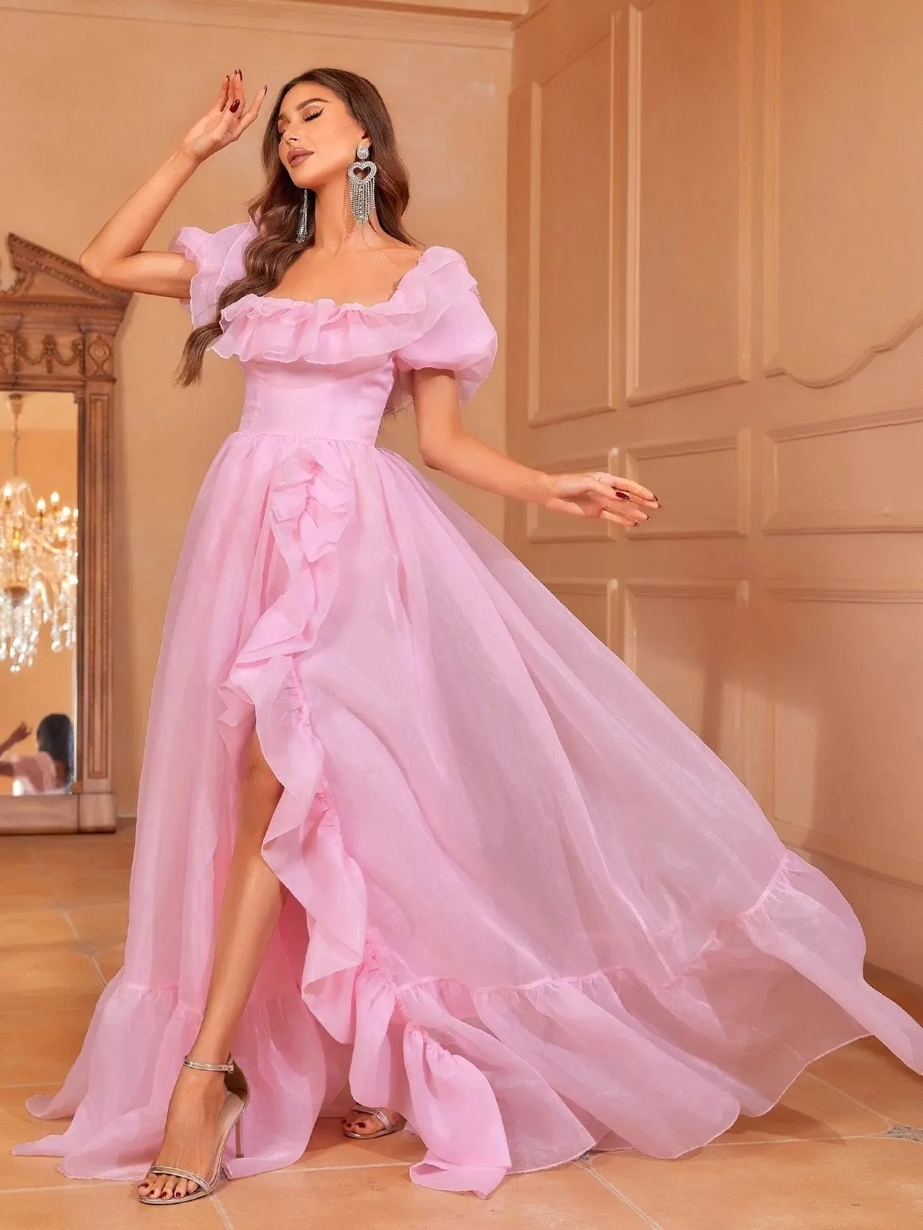 Elegant Ruffle Trim Puff Sleeves Organza Dress