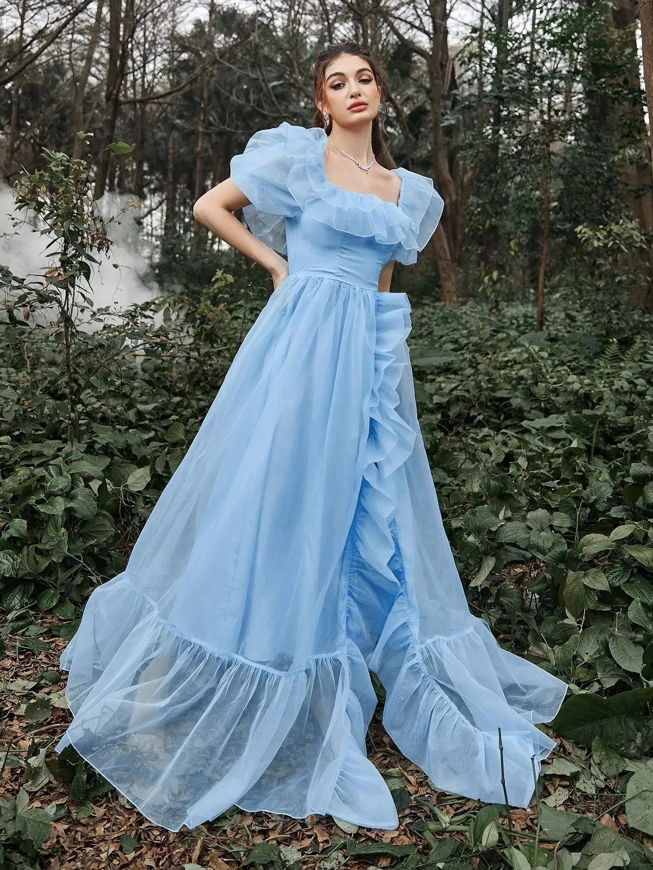 Elegant Ruffle Trim Puff Sleeves Organza Dress