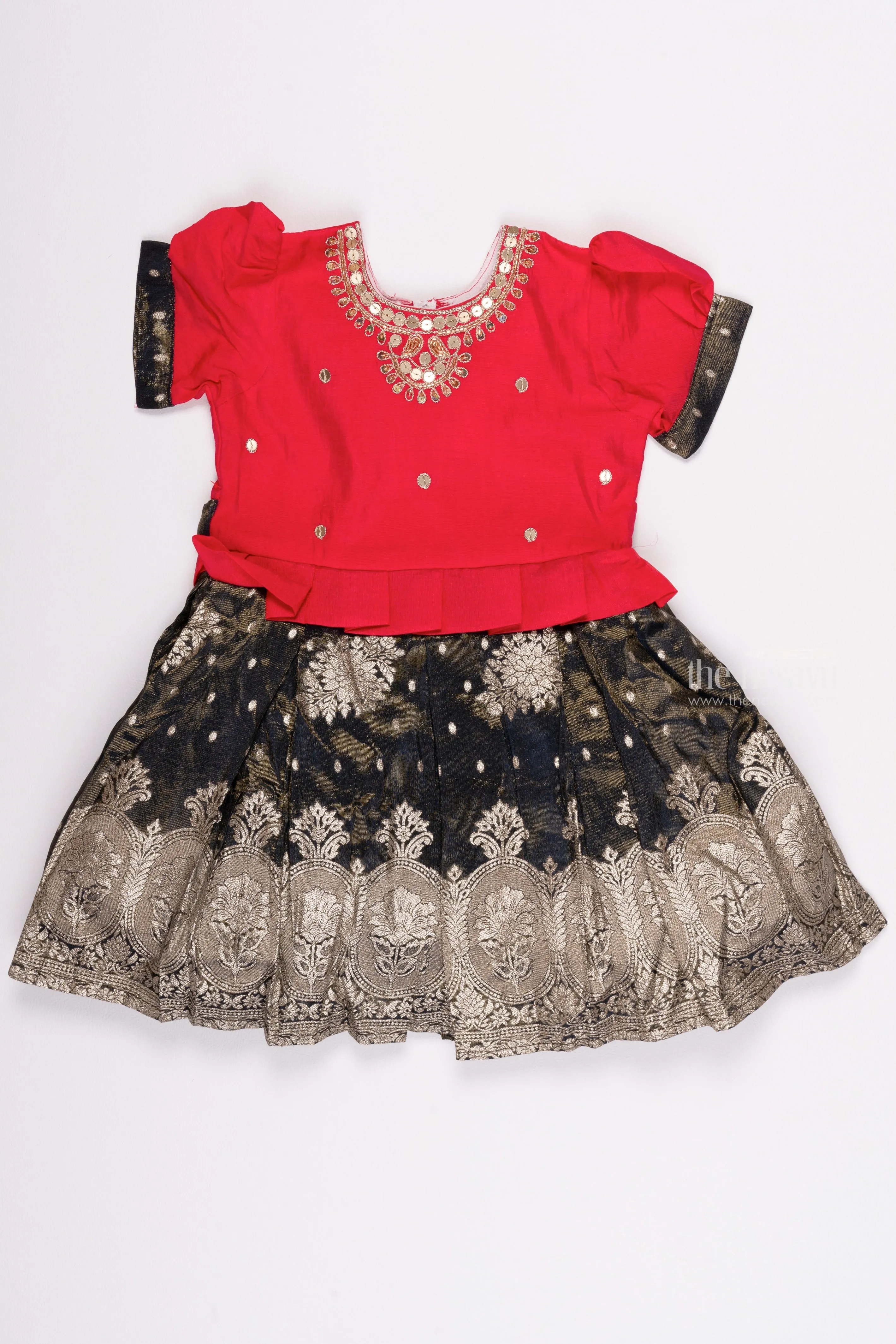 Elegant Sequin Radiance: Dazzling Grey Silk Frock with Zari & Box Pleats for Girls