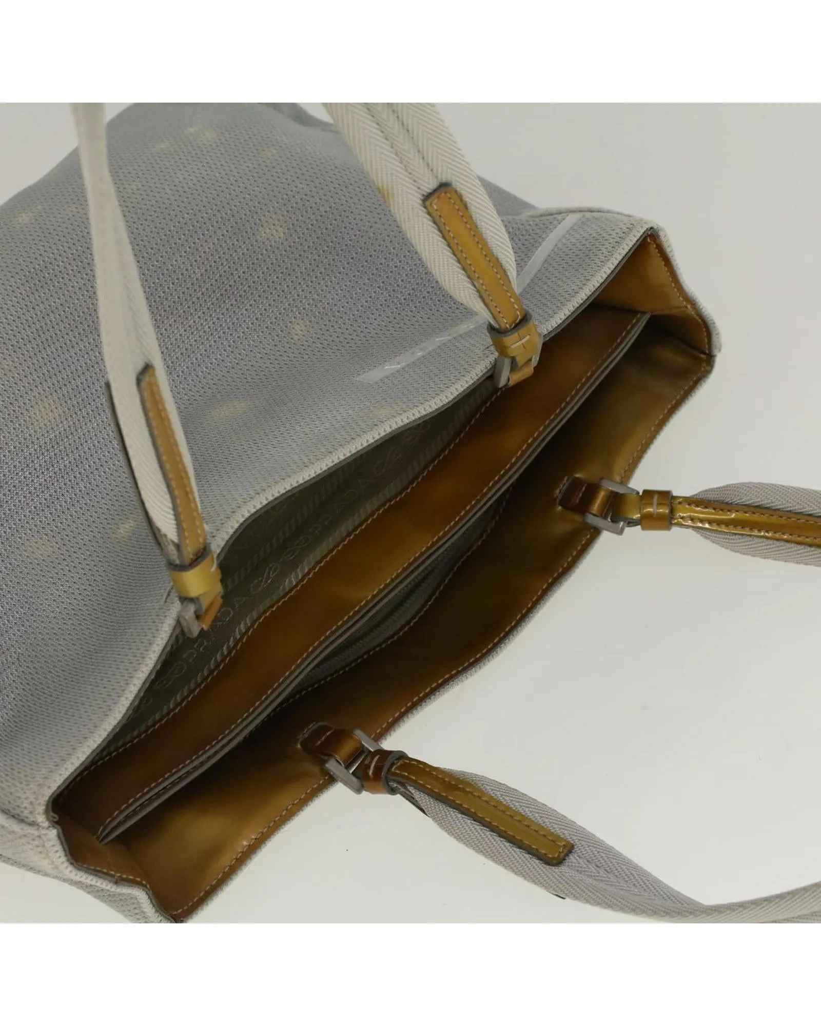 Enamel Gray Nylon Hand Bag with Gold Accents