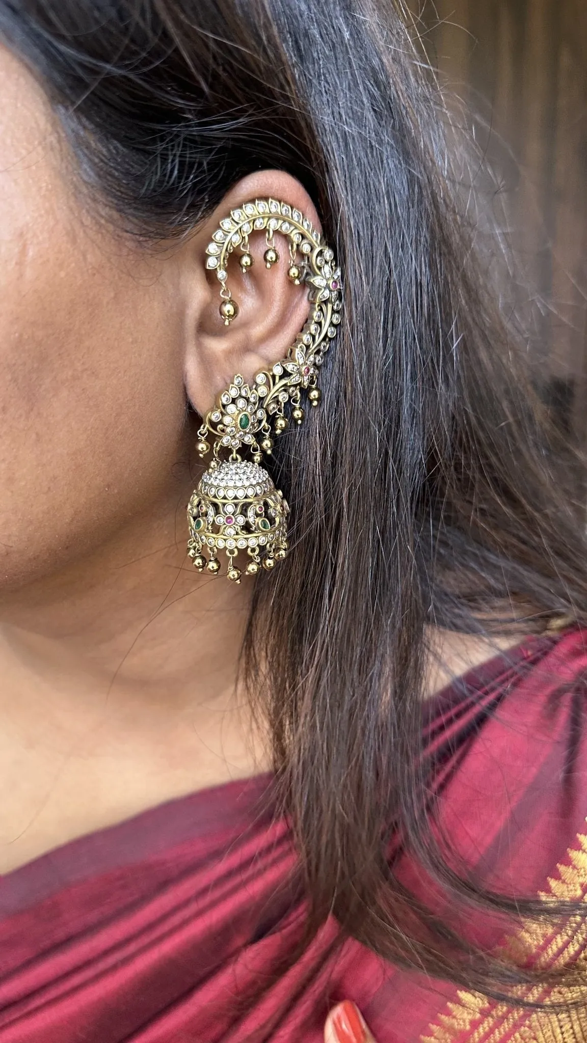 Floral Stone Earcuff with Jhumka - Black Finish