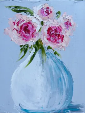 Four Peonies in White Vase