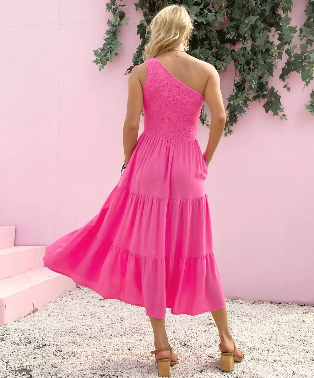 Grace One Shoulder Midi Dress - HOT PINK - LAST ONE