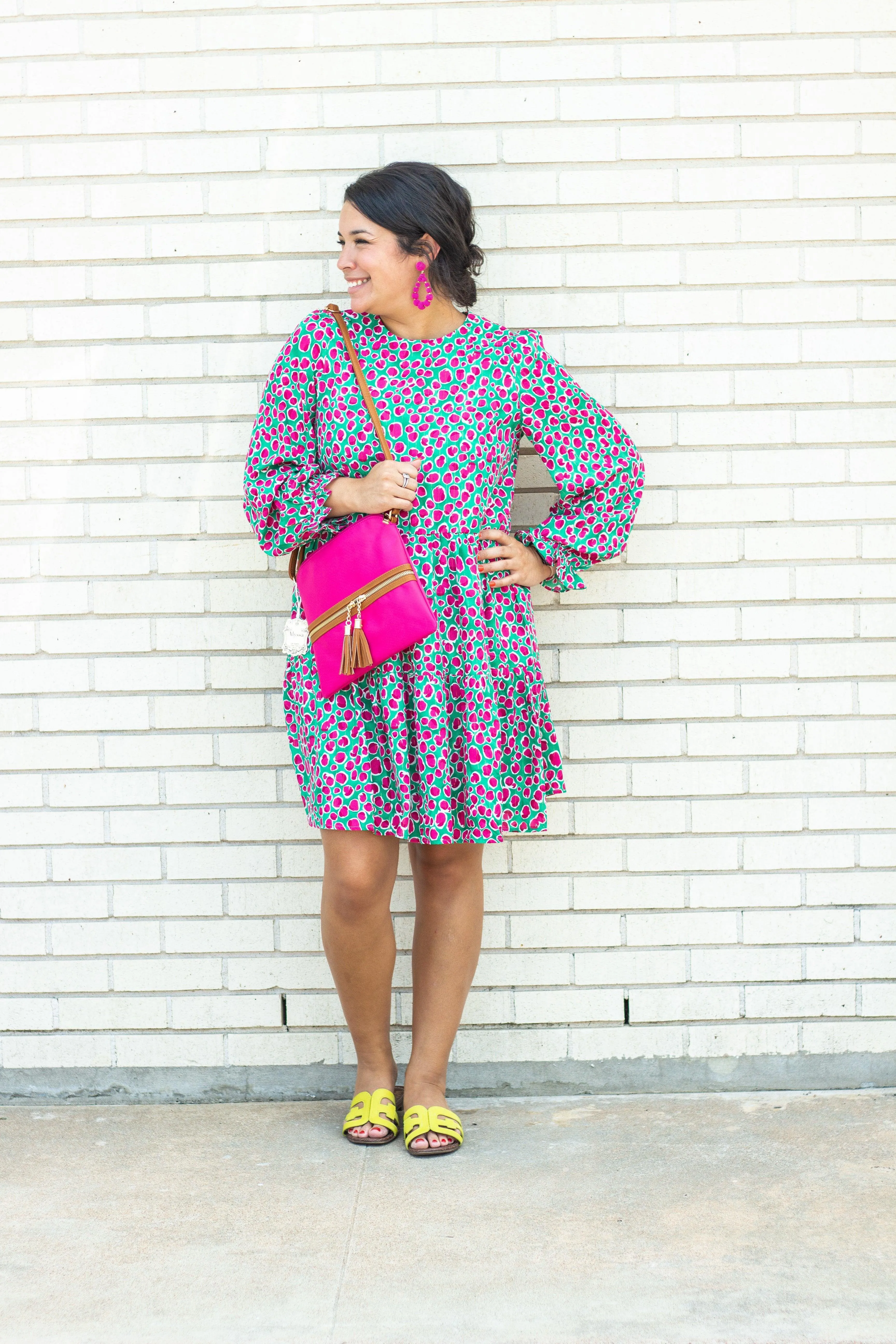 Green & Pink Printed Tiered Dress