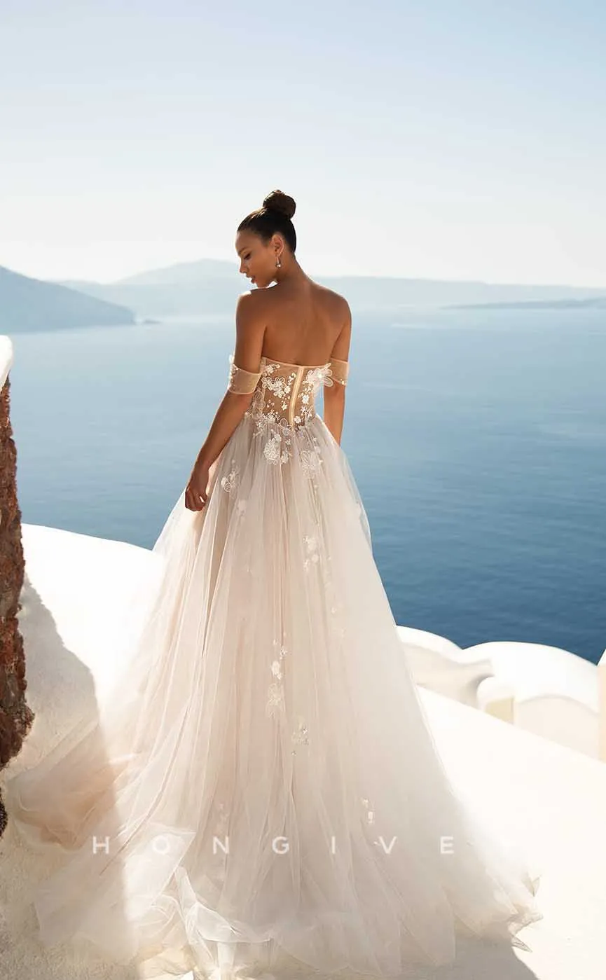 H0995 - Sexy Strapless Sheer Ballgown Appliques Long Beach/Boho Wedding Dress